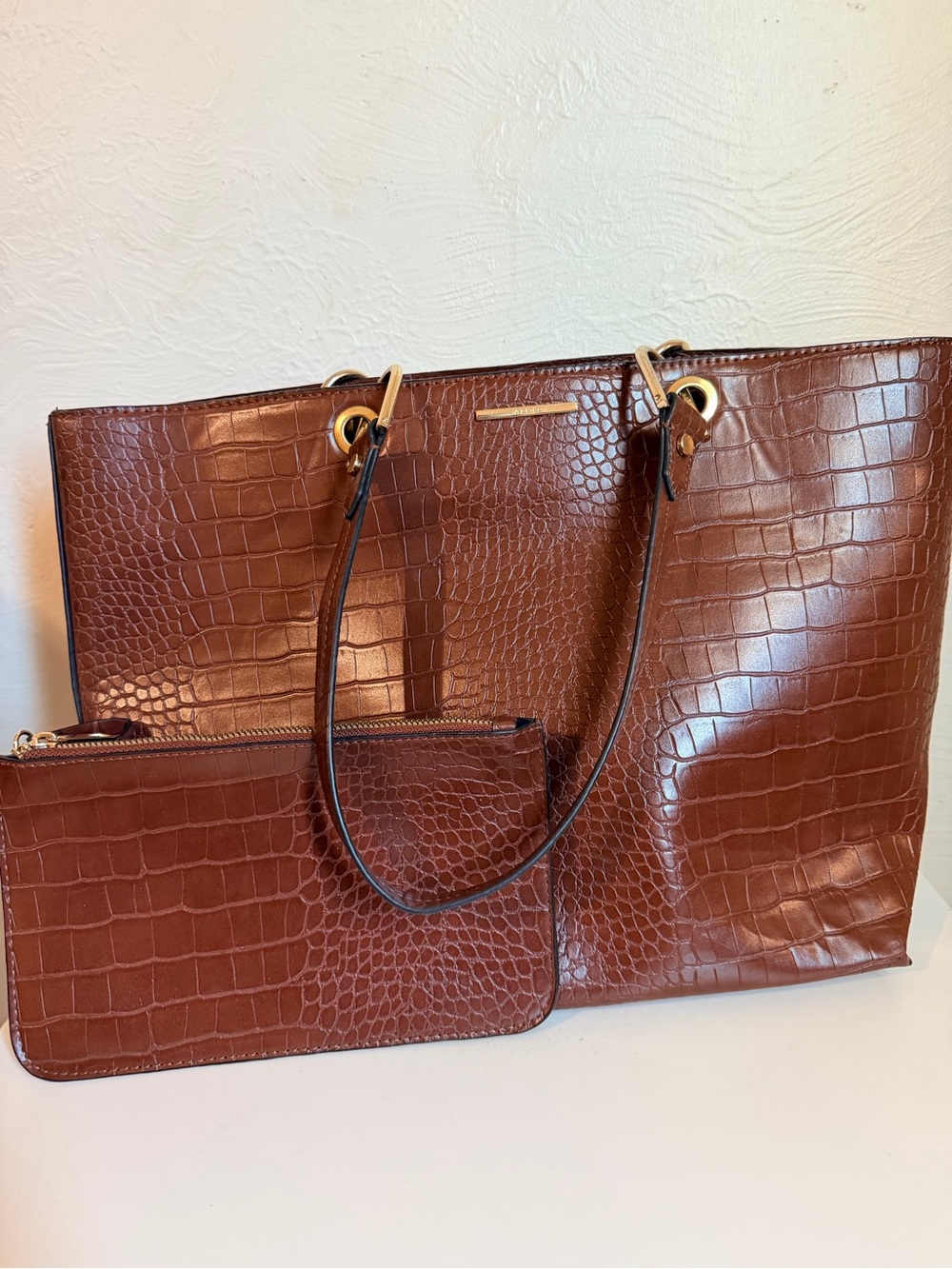 Aldo Croc-Embossed Chestnut Tote with Matching Wristlet